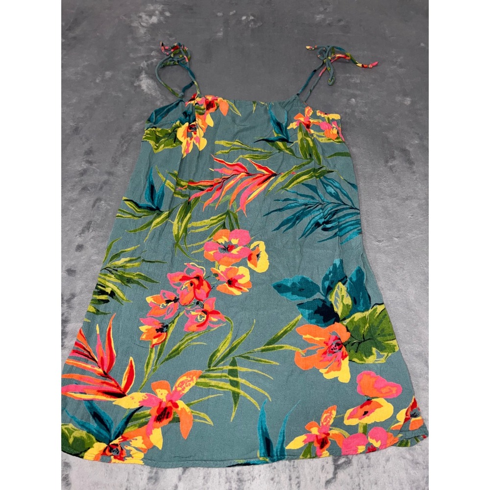 Billabong Tropical Floral Tie Shoulder Mini Dress Teal Pink Orange Small